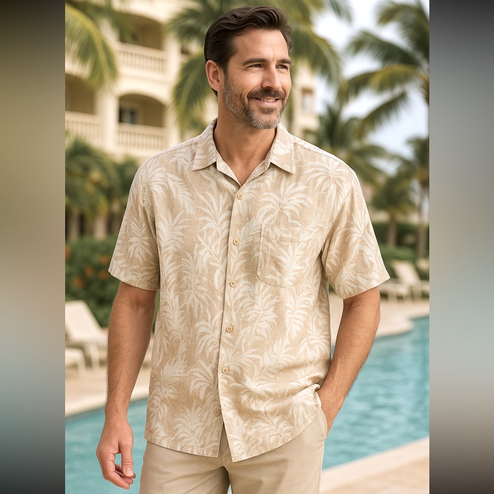 Margaritaville Men’s 2XL Silk Linen Camp Shirt Tropical Palm Print Beige Brown